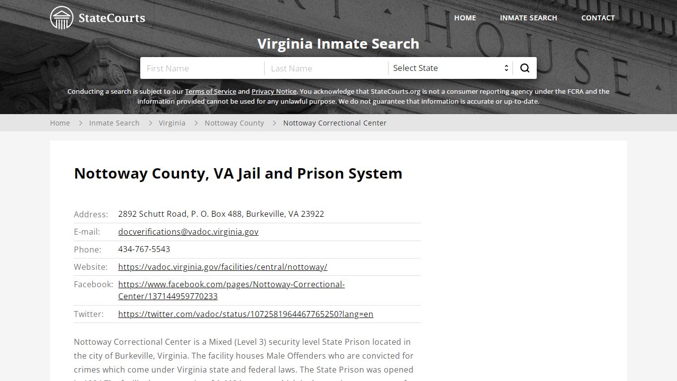 Nottoway Correctional Center Inmate Records Search, Virginia - StateCourts